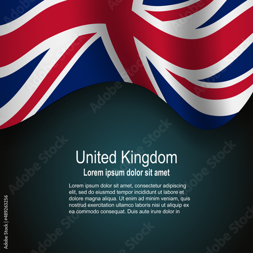 Flag of United Kingdom flying on dark background with text