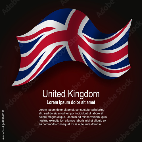 Flag of United Kingdom flying on dark background with text