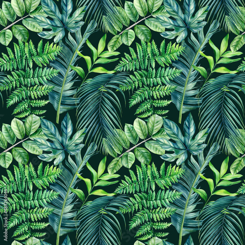 Jungle palm leaves  tropical leaf  watercolor botanical illustration. Seamless patterns.