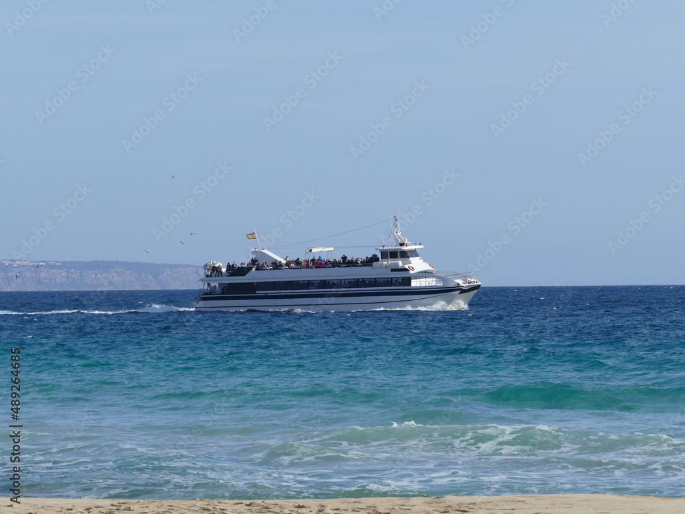 Excursion boat off Cala Mayor, Mallorca, Balearic Islands, Spain
