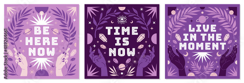 Boho celestial vector posters with inspirational quotes in trendy bohemian style. Tarot magic card.