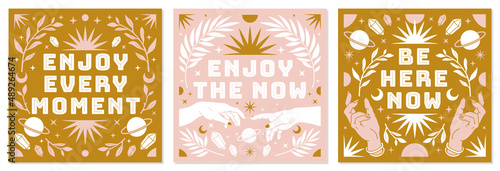 Boho celestial vector posters with inspirational quotes in trendy bohemian style. Tarot magic card.