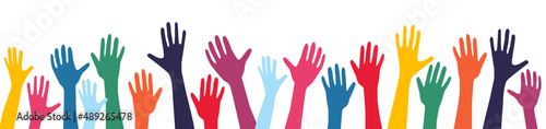 Multicultural community integration. Diversity multiethnic people group raised arms and hands. Racial equality. Men and women of different culture and countries. Rainbow colors Pride vector background