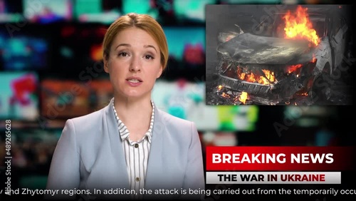TV studio fenews male anchor presenter talking shocking breaking news about Russia's attack on Ukraine photo