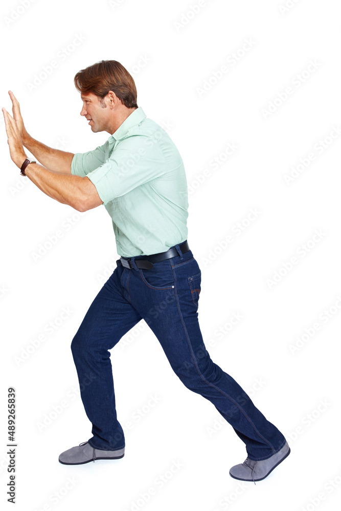 Can I get a little help over here. An isolated shot of a man pushing the frame of the image. Can I get a little help over here. An isolated shot of a man pushing the frame of the image.