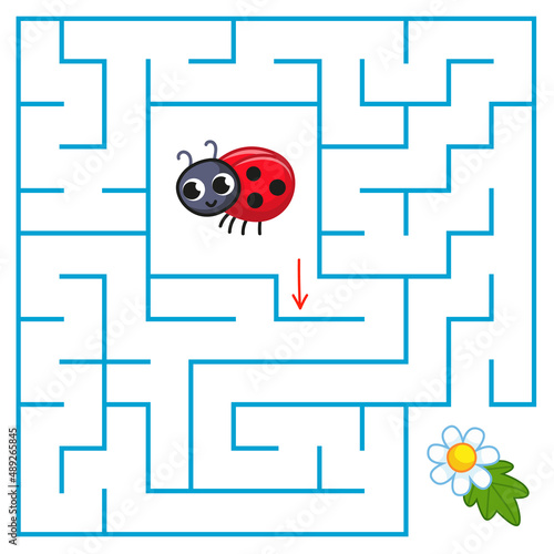 A cute little lady cow is looking for a way to the chamomile flower through the maze. Find a way out of the labyrinth. Educational game for kids with insects. Cartoon vector, color clipart.