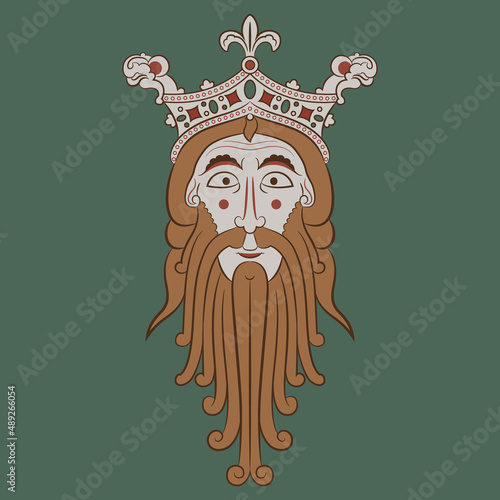 Head of Norse god Woden or Odin. Portrait of a bearded man in royal crown. Male head. Face of medieval king. On green background.