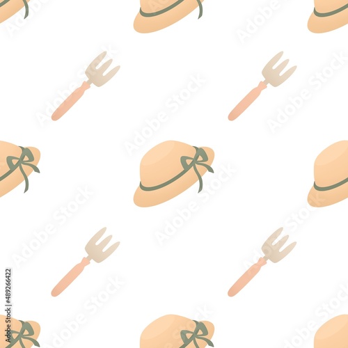 cute spring gardening pattern for kids - little pink rake and yellow hat on white background