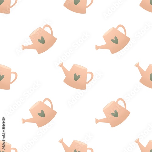 cute spring gardening pattern for kids - pink watering can with heart on white background
