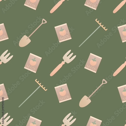 cute spring pattern for kids - gardening tools on a dark green background