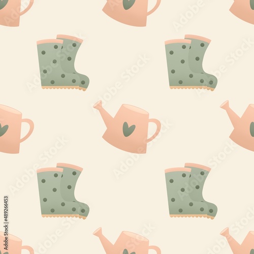 cute gardening spring pattern for kids - rubber boots and watering can