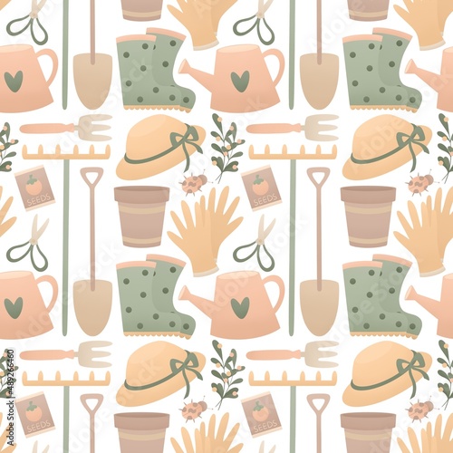 cute spring pattern for kids - gardening tools on a white background