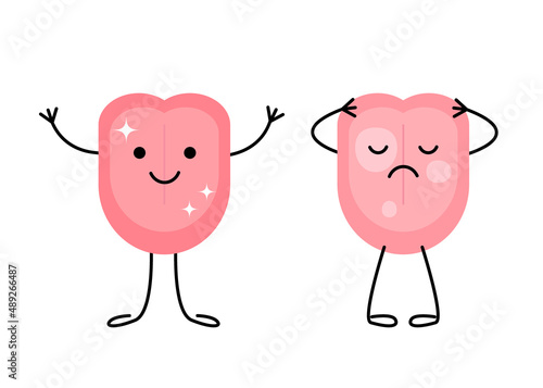 Clean and dirty tongue. Before and after tongue cleaning. Halitosis prevention. Vector illustration