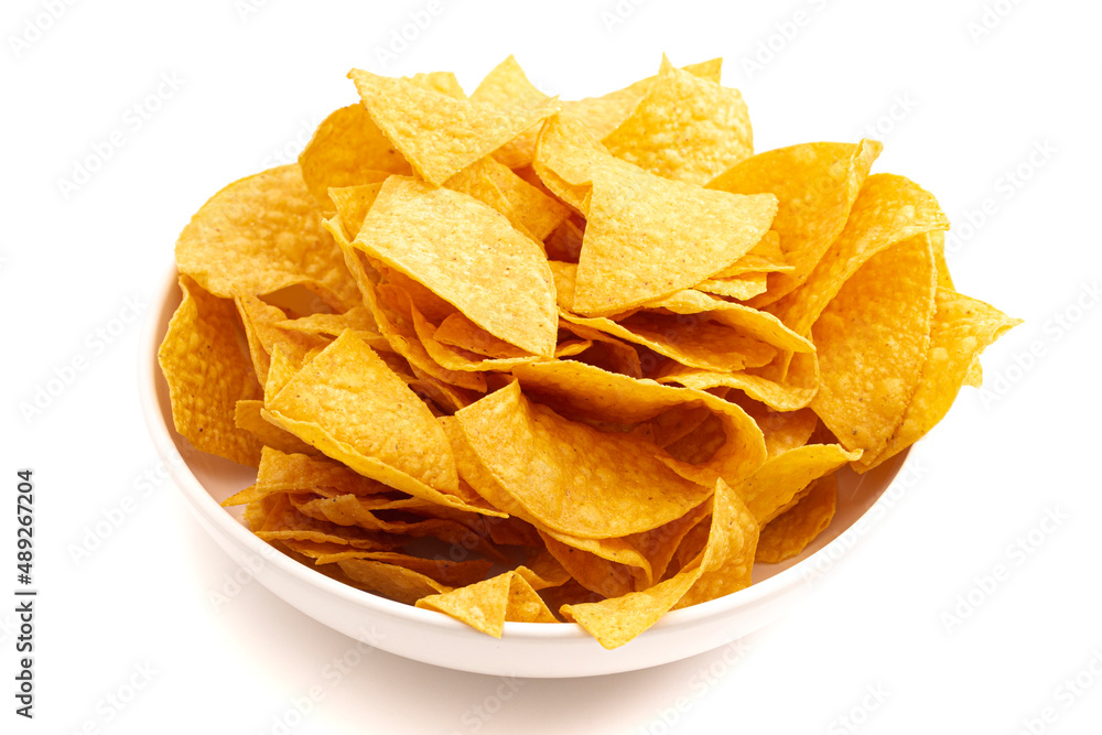 Bowl of Tortilla Chips on a White Background Bowl of Tortilla Chips on a White Background