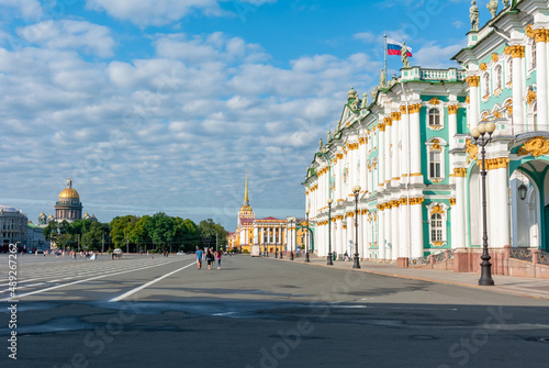 Palace square with Hermitage museum and St. Isaac's Cathedral at background, Saint Petersburg, Russia