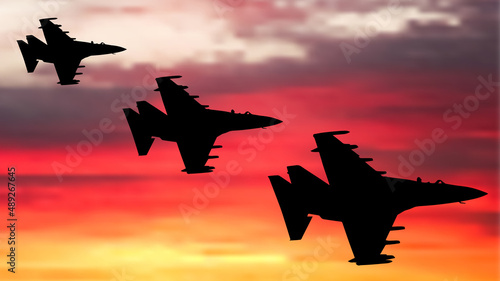 Military fighter aircrafts in sky, silhouette. Vector illustration