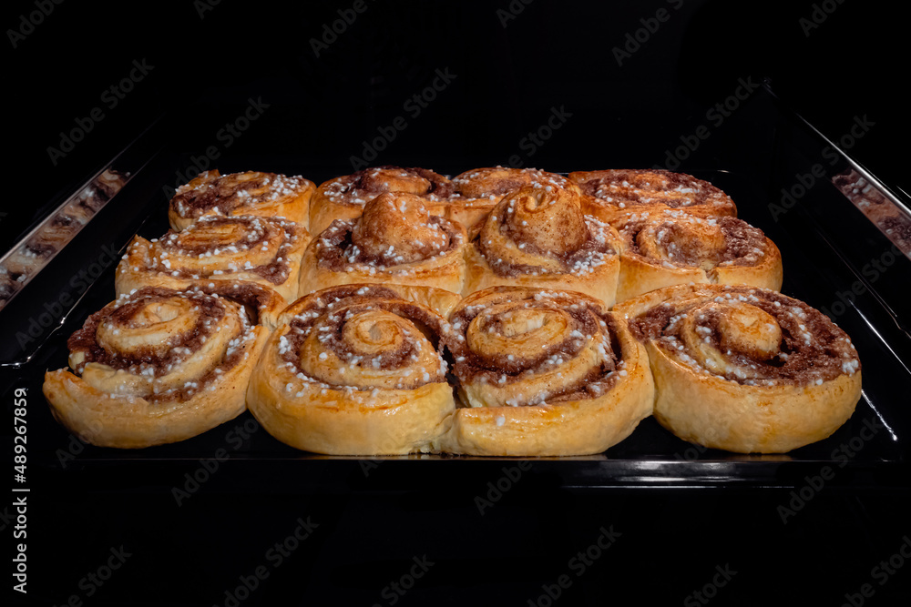 Twelve baked cinnamon buns on tray in electric oven - front view. Swedish cuisine, homemade bakery, food, cooking and pastry concept Twelve baked cinnamon buns on tray in electric oven - front view. Swedish cuisine, homemade bakery, food, cooking and pastry concept