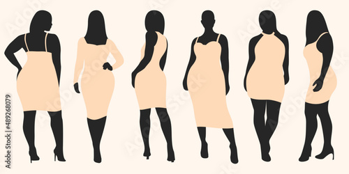 Curvy woman in summer dress vector set. Women silhouette.