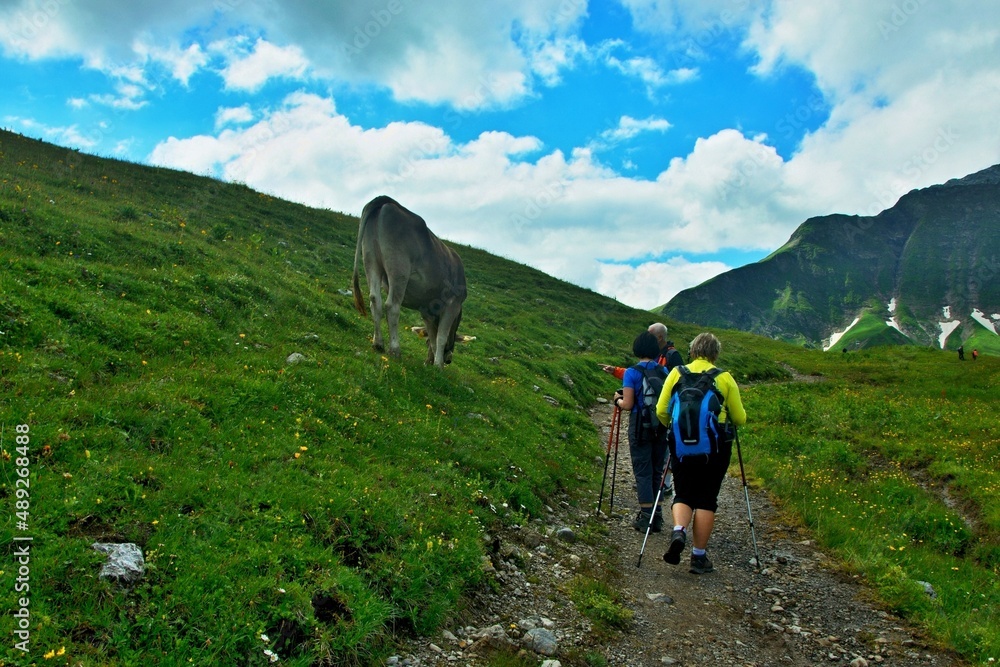 Austrian Alps - view of tourists on the way to lake Körbersee in the Lechtal Alps