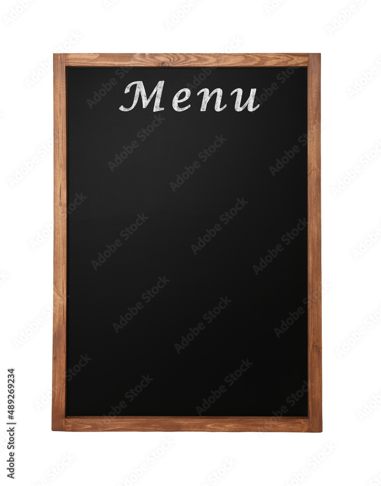Black chalkboard with word Menu on white background. Mockup for design Black chalkboard with word Menu on white background. Mockup for design