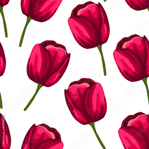 Spring colorful vector illustration with red tulips. Cartoon style. Design for fabric  textile  paper. Holiday print for Easter  Birthday  8 march. Flowers with leaves