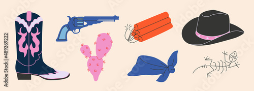 Cowgirl western theme, wild west concept. Various cartoon objects. Boots, cactus, dynamite, hat, skeleton, bandana, gun. Hand drawn flat colorful vector set. All elements are insolated