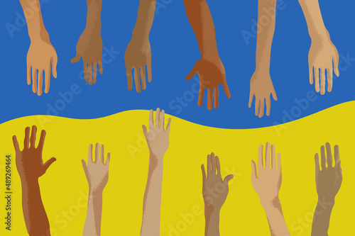 Ilustracja wyciągnięte ku sobie dłonie na  na żółto niebieskim tle
