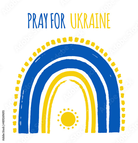 Boho Rainbow with Ukraine flag colors. Pray for Ukraine, Support the Ukraine sign. Blue Yellow icon with colors of Ukrainian flag. War in Ukraine concept.