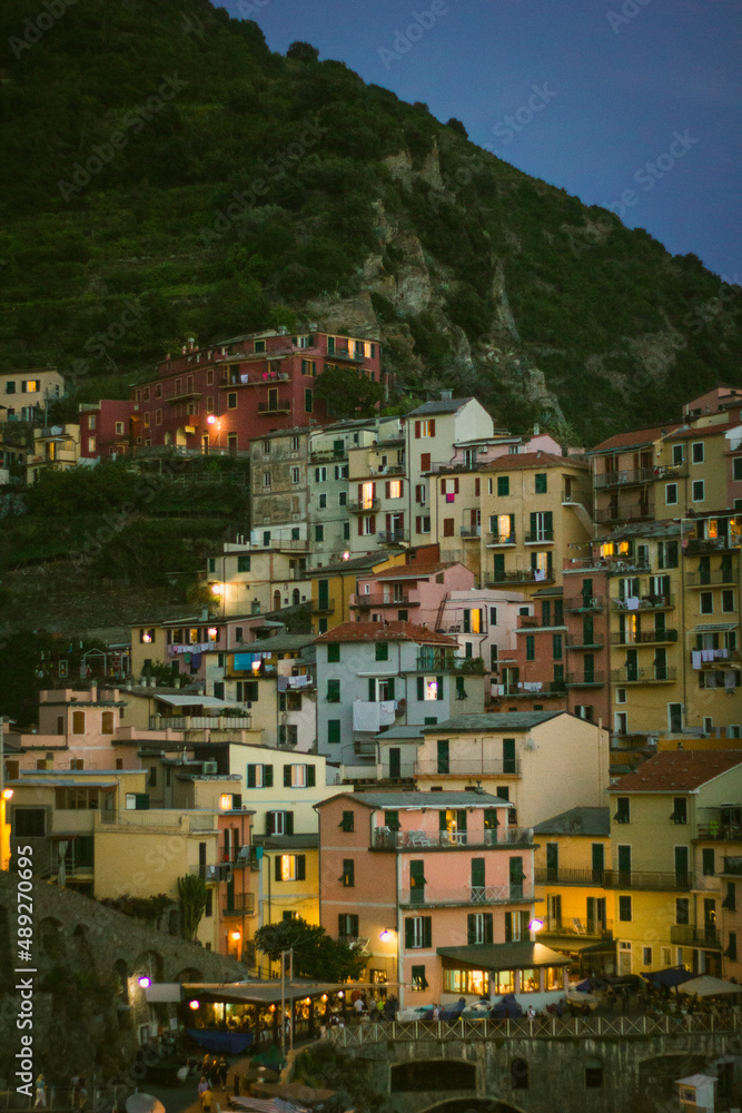 Close up of italian village Manarola in the evening.