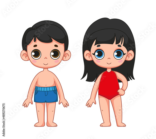 Cute children in swimsuits, a girl and boy. Brother and sister, friends, loving couple of kids. Set of children in beach clothes. Vector illustration in cartoon childish style. Isolated funny clipart.