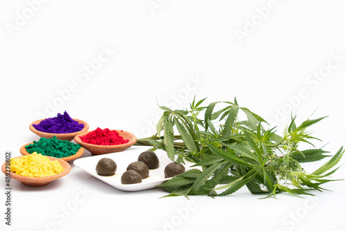 Bhaang Ki Goli Or Bhang Ka Gola Is Made Of Is Herbal Edible Balls Made Of Cannabis Leaves Paste And Is Consumed Specially On Indian Festival Holi For Fun. Color Powder In Terracotta Bowls photo