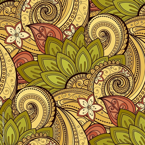 Seamless Pattern with Abstract Flowers and Leaves. Endless Texture with Floral Motifs. Nature Inspired Abstract Elements. Fabric Textile, Wrapping Paper, Wallpaper. Vector Contour Illustration