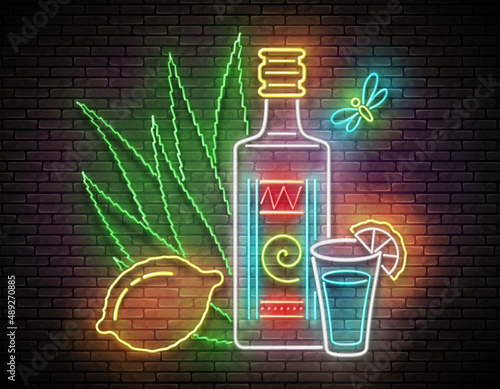 Glow bottle of Mexican tequila, shot, lemon. Traditional ethnic alcoholic drink. Neon Light Poster, Flyer, Banner, Signboard. Brick Wall. Vector 3d Illustration 