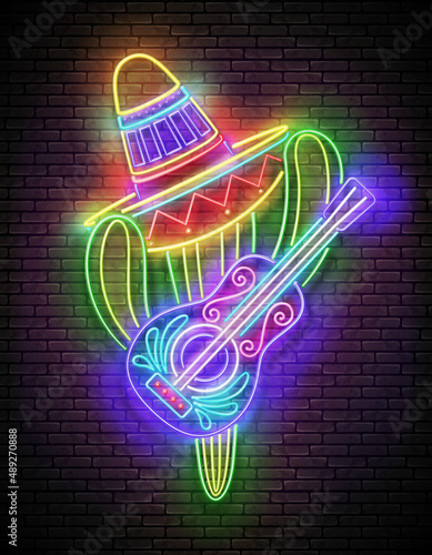 Glow Mexican cactus in sombrero with guitar. Cute singer, mariachi. Shiny Neon Poster, Flyer, Banner, Postcard, Invitation. Brick Wall. Vector 3d Illustration. 
