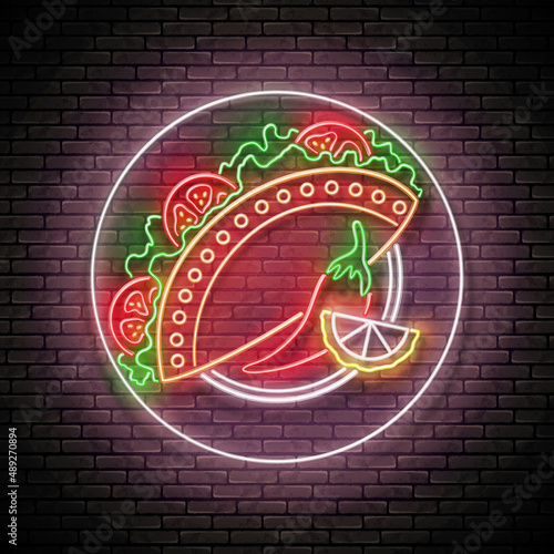 Glow Mexican spicy tacos with tomatos on the plate. Traditional ethnic food, appetizer. Neon Light Poster, Flyer, Banner, Signboard. Brick Wall. Vector 3d Illustration 