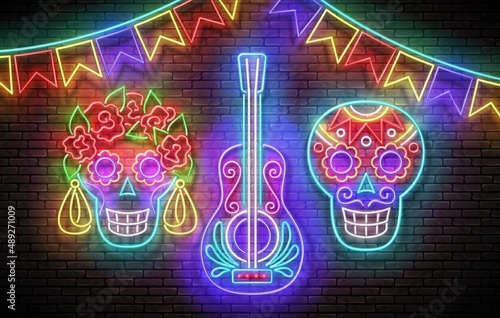 Dia de Los Muertos Greeting Card Template with Sugar Male Skull, Calavera. Day of the Dead Postcard. Shiny Neon Poster, Flyer, Banner, Postcard, Invitation. Brick Wall. Vector 3d Illustration