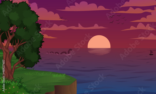 beautiful cartoon scenery illustration of cliffs and sea at dusk for background wallpaper