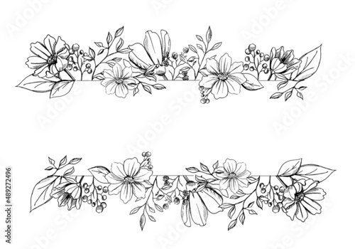 Graphic floral banner with leaves and flowers isolated on white background. Black flowers on a white background 