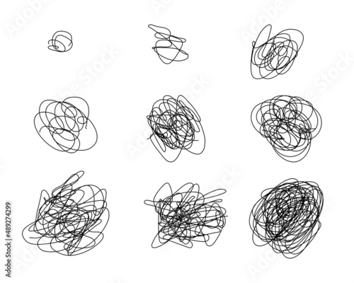 Ink knot line elements. Messy clew symbols for chaos and simplifying concept.