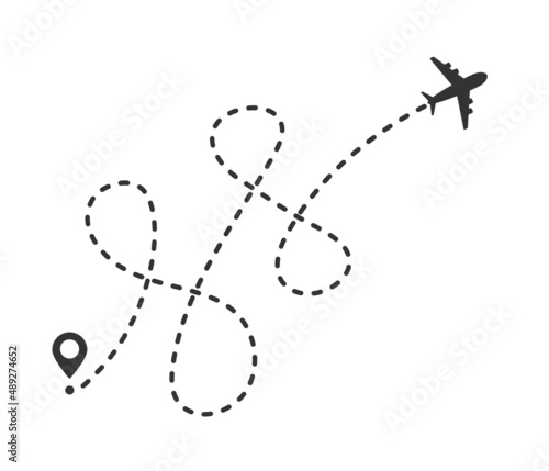Airplane dotted path tracking vector illustration isolated on white backround. Travel concept