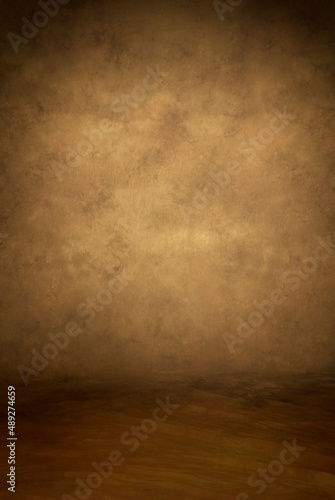 Painted canvas or muslin fabric cloth studio backdrop or background, suitable for use with portraits, products and concepts. Warm brown colors, with floor area included for full-length portraiture. 
