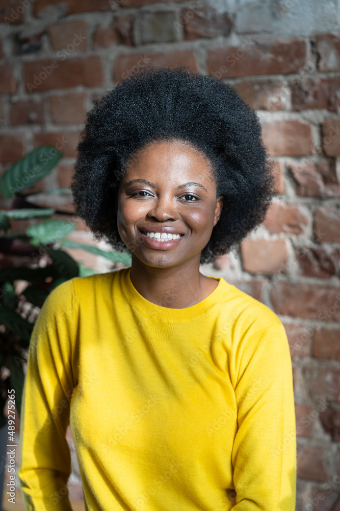 Portrait of happy African American millennial woman with curly hair style wear yellow sweater posing over brick wall at home. Smiling black girl looking at camera. Portrait of happy African American millennial woman with curly hair style wear yellow sweater posing over brick wall at home. Smiling black girl looking at camera.