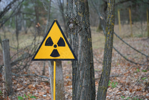 Cuadro en lienzo Nuclear radioactive danger sign in forest in Chernobyl exclusion zone around Cho