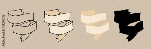 the icon of light crafting of double banners. Isolated set of vintage ribbon banners with curved and triangular ends in light brown, isolated black outline and silhouette on white with empty space for