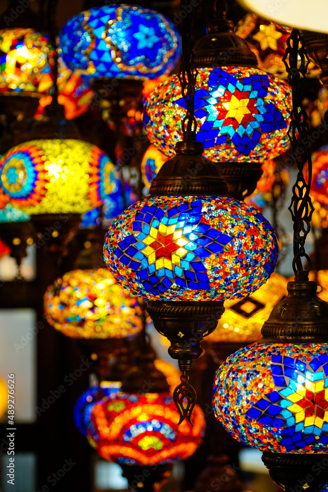 Traditional mosaic lamps. Authentic lamps background. Authentic mosaic lamps. Traditional patterns on the lamp. Decorative ornamental lanterns.