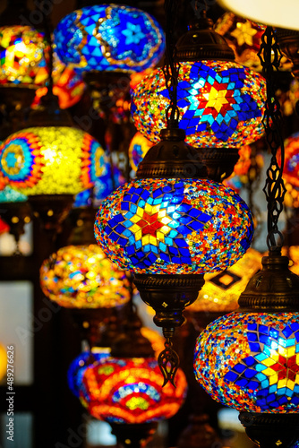 Traditional mosaic lamps. Authentic lamps background. Authentic mosaic lamps. Traditional patterns on the lamp. Decorative ornamental lanterns. © Mete Caner Arican