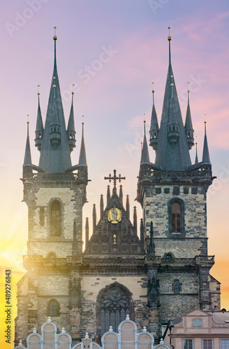 Church of Our Lady before Tyn facade at sunrise, Prague, Czech Republic