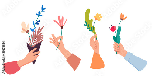 Collection of different gesture hands holding flowers or giving bouquets and flowers. Spring holiday flat vector concept. Bundle of floral decorative design elements.