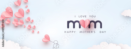 Mum postcard with paper flying elements, man and balloon on blue sky background. Vector symbols of love in shape of heart for Happy Mother's Day greeting card design