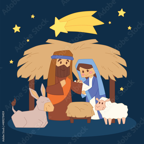 Nativity scene in a hut Cartoon of a virgin mary joseph and animals Vector